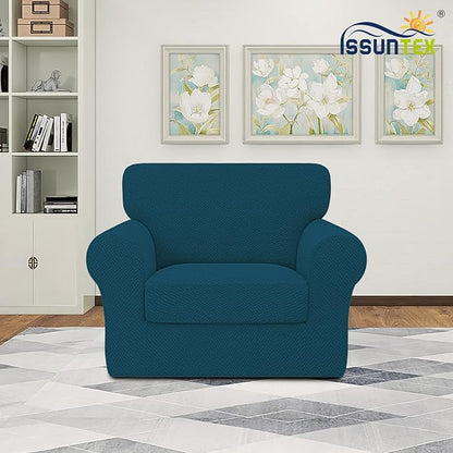 ISSUNTEX 2 Pieces High Stretch Thicken Chair Couch Covers, Soft Sofa Slipcover for 1 Separate Cushion Couch, Jacquard Fabric Elastic Sofa Cover Furniture Protector for Dogs (Chair, Peacock Blue)