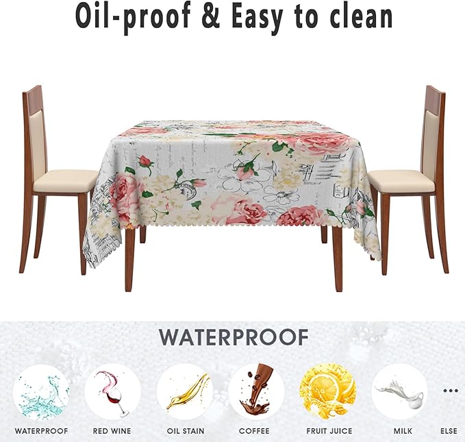 Modern Flowers Tablecloth 60x60 Inch Square Vintage Style French Flower Seasonal Washable Wrinkle Free Spill Proof Polyester Wedding Birthday Table Cover for Dining Table Farmhouse Kitchen