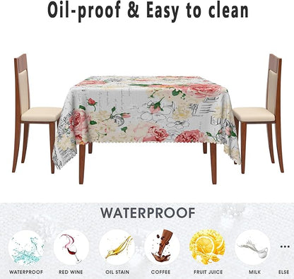 Modern Flowers Tablecloth 60x60 Inch Square Vintage Style French Flower Seasonal Washable Wrinkle Free Spill Proof Polyester Wedding Birthday Table Cover for Dining Table Farmhouse Kitchen