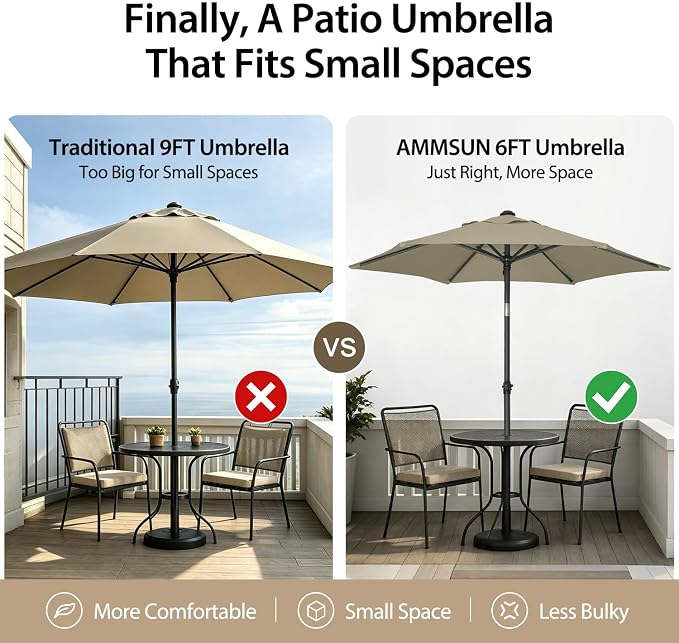 AMMSUN 6FT Patio Umbrella, Outdoor Table Umbrella with Push Button Tilt | UPF50+ Sun Protection and Water-Resistant Fabric, Premium Steel Pole and Ribs, Height-Adjustable and Push-Button Tilt