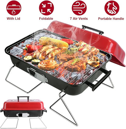 KOCASO Portable Barbecue Grill Tabletop Grill Folding Tabletop Smoker with Lid - Outdoor Camping Grill for Beach Parties and Travel Camping