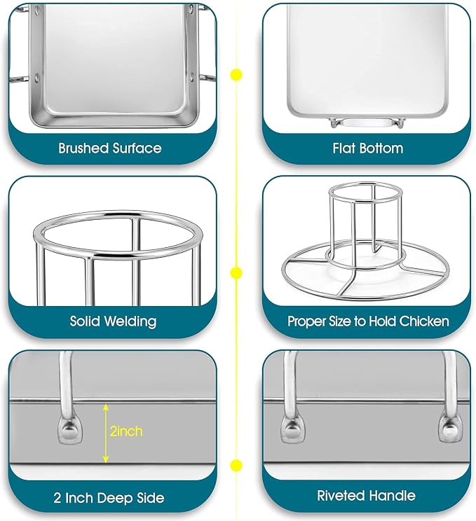 TeamFar Roasting Pan with Beer Can Chicken Holder, Drip Pan for Oven-4PCS | Stainless Steel Square Baking Pan with Vertical Stand, for Grill Oven Smoker BBQ Roasting, Dishwasher Safe(2 Pans + 2 Racks)