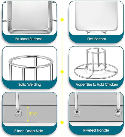 TeamFar Roasting Pan with Beer Can Chicken Holder, Drip Pan for Oven-2PCS | Stainless Steel Square Baking Pan with Vertical Stand, for Grill Oven Smoker BBQ Roasting, Dishwasher Safe(1 Pan + 1 Rack)