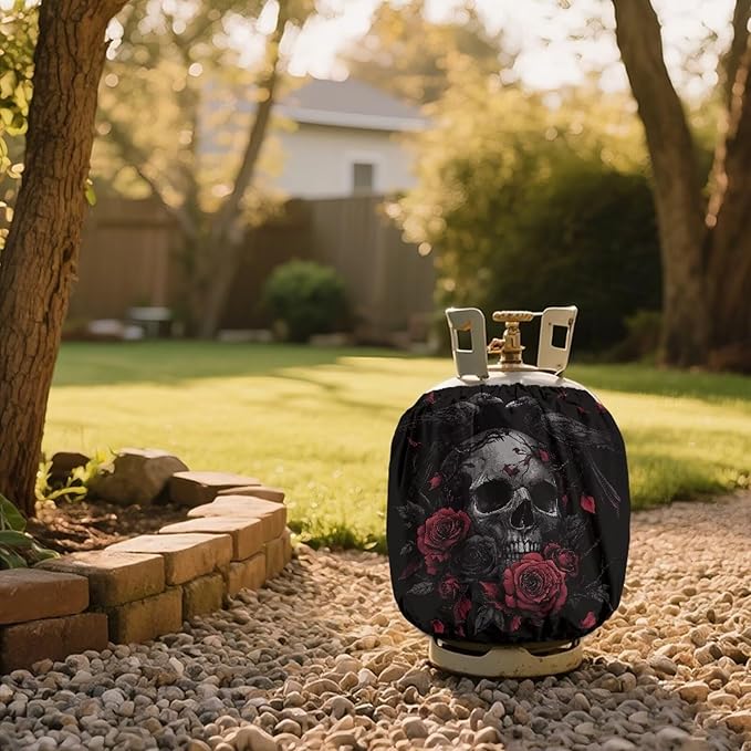 Propane Tank Covers 20lb Retro Outdoor Heavy Duty Waterproof Windproof Gas Tank Cylinder Cover with Elastic Brand, Dress up Your Gas Grill Skull Rose 2 pcs