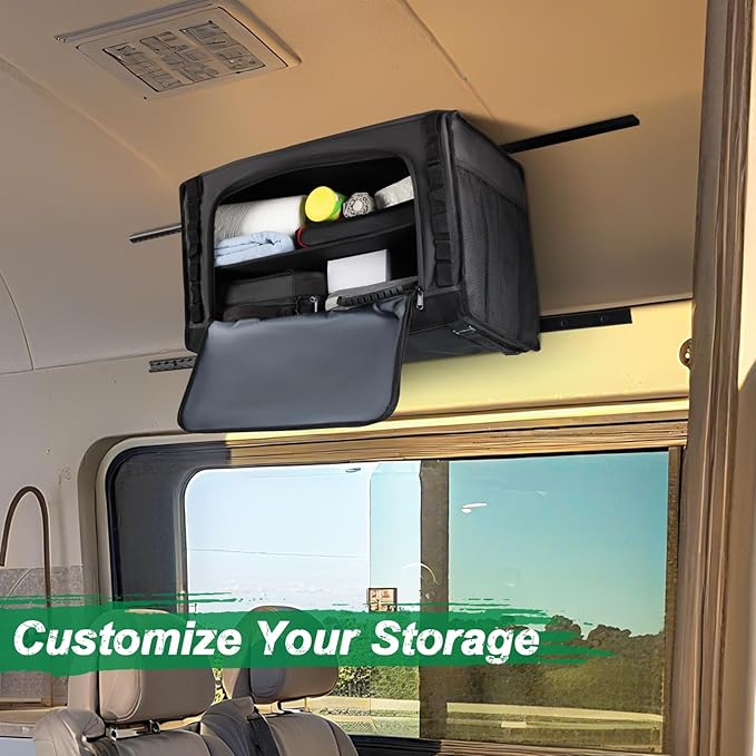 24" RV Overhead Storage Cabinet, Soft-Sided Overhead Organizer for Vans, RV Organizer Storage Cabinet Compatible with Mercedes-Benz Sprinter, Ford Transit & RAM Promaster Vans, Black