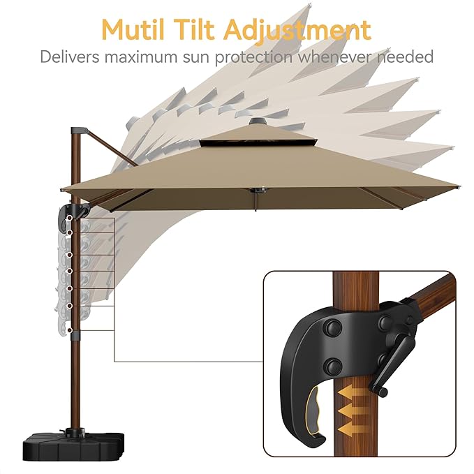 10x13 FT Wood Pattern Patio Umbrella with Base, Large Deluxe Cantilever Rectangular Double Top Heavy Duty Offset Umbrellas with 360° Rotation, Outdoor shade for Garden Pool Patio, Tan