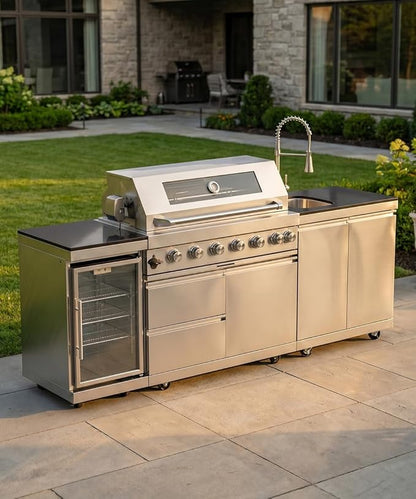 Outdoor Kitchen Island Barbecue Grill with Refrigerator & Rotisserie, Heavy-Duty Stainless Steel Freestanding Grills Station, Weather-Resistant Cooking Cabinet for Backyard & Summer Propane Gas