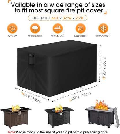 POMER Fire Pit Cover Rectangular, 44 Inch fire table cover rectangle firepit covers outdoor fireplace cover Waterproof Gas Fire Pit Cover - 44"L x 32"W x 23"H (Black)