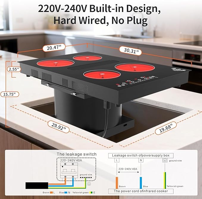 30" Electric Cooktop with Downdraft – 4 Burner 6000W Built-in Electric Stove, BBQ Bridge Burner, Timer, Safety Lock, Recirculating Vent (220V-240V)