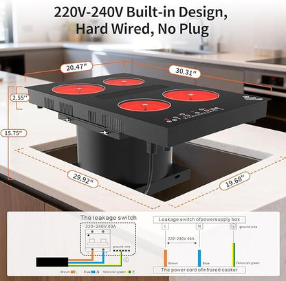 30" Electric Cooktop with Downdraft – 4 Burner 6000W Built-in Electric Stove, BBQ Bridge Burner, Timer, Safety Lock, Recirculating Vent (220V-240V)