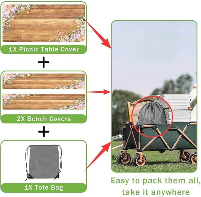 Camper Picnic Table Cover with Bench Covers Elastic Edges, Wooden Camper Fitted Table Cover, Outdoor Patio Camping Essentials 72 Inch 3PCS, Waterproof Camping Fitted Tablecloth with Drawstring Bag