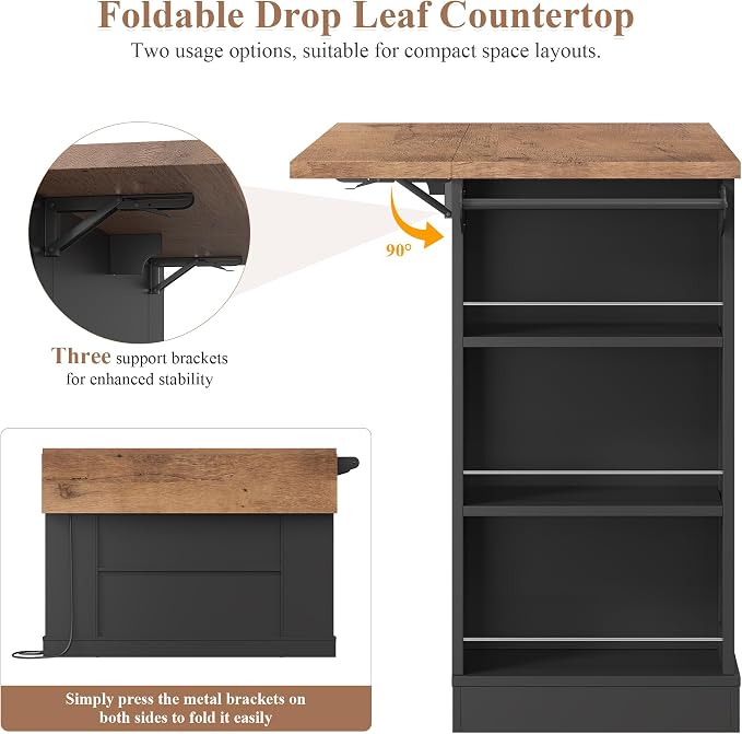 Kitchen Storage Island with 2 Stools, 51” Mobile Kitchen Cart with Drop Leaf & Power Outlet, Rolling Island Table Dining Room Buffet with 2 Drawers & Side Storage Rack &Towel Rack, Black