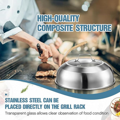 Zhehao 2 Pcs 12.6 Inch Wok Lid Pan Cover for 13 Inch Wok Stainless Steel Cheese Melting Dome with Tempered Glass Insert Steam Hole Handle Dishwasher-Safe Pot Lid for Griddle Flat Top Grills