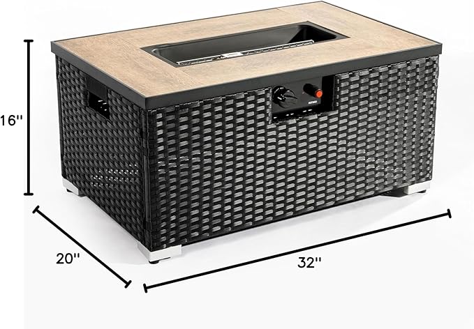 32in Gas Fire Pit Table Set, 50,000 BTU Propane Fire Pit Table Outdoor with Rain Cover, Hideaway Tank Holder Fits 20lb Tank, Gas Fire Pit for Outside w/Ceramic Tabletop and lid, Glass Rocks.