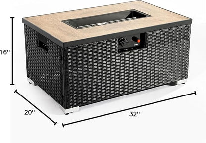 32in Gas Fire Pit Table Set, 50,000 BTU Propane Fire Pit Table Outdoor with Rain Cover, Hideaway Tank Holder Fits 20lb Tank, Gas Fire Pit for Outside w/Ceramic Tabletop and lid, Glass Rocks.