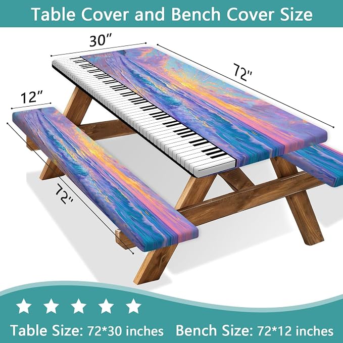 Piano Keyboard Picnic Table Cover with Bench Covers, Camping Essentials, Beach Seaside Sunset Purple Waterproof Windproof, Fitted Tablecloth Cover with Elastic Edge for Outdoor Garden 3 PCS 30x72 Inch