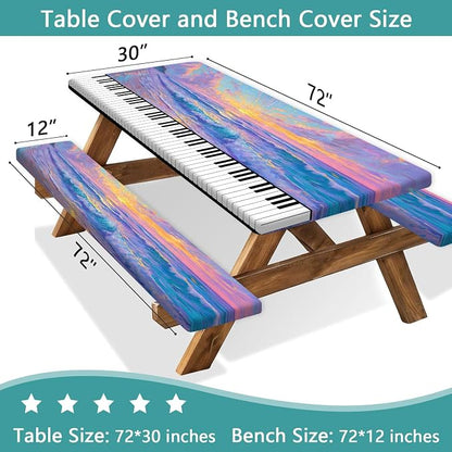 Piano Keyboard Picnic Table Cover with Bench Covers, Camping Essentials, Beach Seaside Sunset Purple Waterproof Windproof, Fitted Tablecloth Cover with Elastic Edge for Outdoor Garden 3 PCS 30x72 Inch