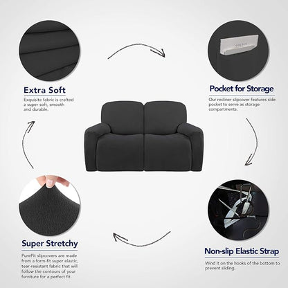 PureFit Super Stretch Loveseat Recliner Sofa Couch Cover with Pocket | 2 Seats Non Slip Soft Sofa Slipcover, Washable Reclining Furniture Protector for Kid,Pets (Recliner Loveseat, Dark Gray)