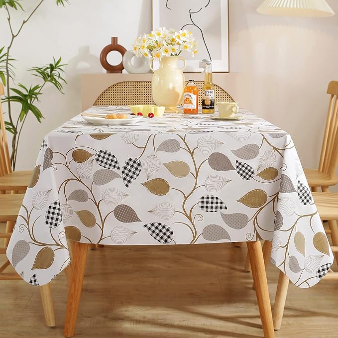 SASTYBALE Vinyl Tablecloth with Flannel Backing Rectangle 60 x 84 Inch | Floral Leaves Waterproof & Oil Proof Heavy Plastic Tables Cloths, PVC Table Cover for Dining, Party, Picnic, Outdoor
