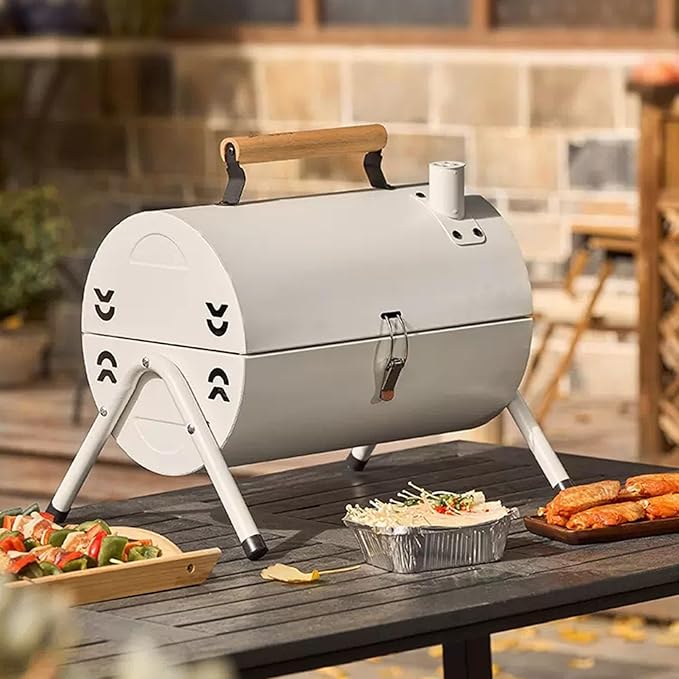 BBQ Barbecue Grill, Portable BBQ Charcoal Barbecue Grill, Barbecue Grill for Outdoor Camping Garden Picnic Trip Beach, with Handle,White