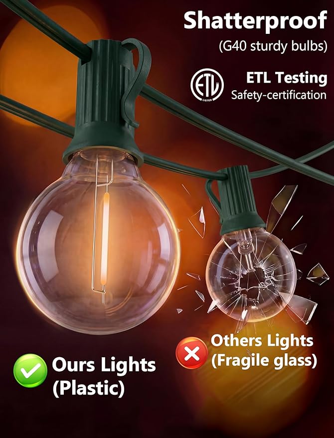 25FT LED Outdoor Christmas String Lights Waterproof, Hanging G40 Globe Patio Lights with 27 LED Shatterproof Warm White Bulbs, Outdoor Christmas Decorations Light for Wedding Party Backyard, Green