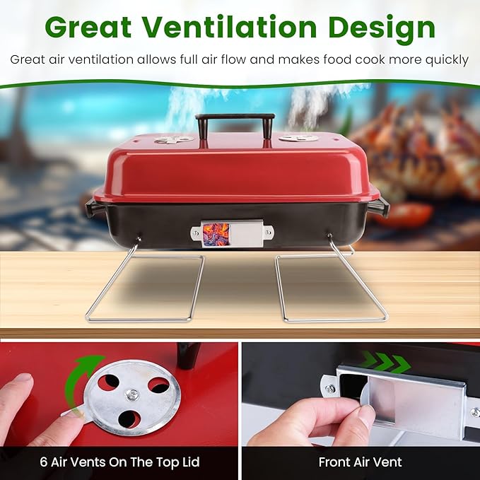 Small Charcoal Grill, Portable Tabletop Grill Barbecue Smoker Folding Mini BBQ Grill with Lid for Camping Picnics Beach Outdoor, Red