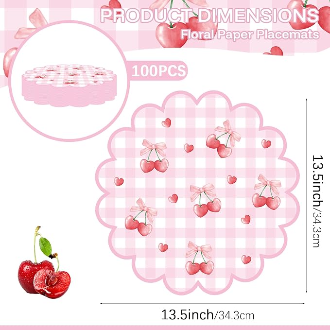 100 Pcs Cherry Paper Placemats Pink Bow Gingham Placemat 13.5 Inch Round | Disposable Decorative Dining Cherry on Top Table Mats with Scalloped Edges for Spring Summer Birthday Wedding Party Supplies