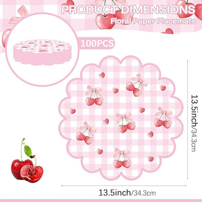 100 Pcs Cherry Paper Placemats Pink Bow Gingham Placemat 13.5 Inch Round | Disposable Decorative Dining Cherry on Top Table Mats with Scalloped Edges for Spring Summer Birthday Wedding Party Supplies