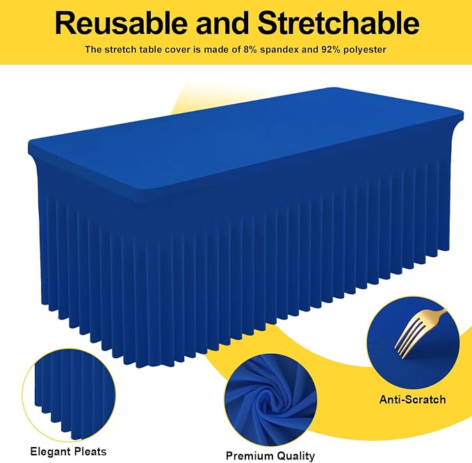 Smiry Spandex Elastic Fitted Table Cloth Skirt for 8FT Rectangle Table | Stretch Washable Table Cloth, Banquet Table Cover for Wedding, Party, Indoor & Trade Shows, (Blue, 96Lx30Wx30H)