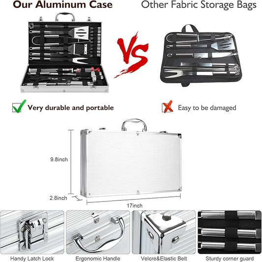 Grill Set, Grilling Gifts for Men, 34PCS BBQ Tools Accessories for Outdoor Grill with Aluminum Case, Spatula,Tongs &Skewers,Smoker Accessories for Birthday, Dad, Wedding