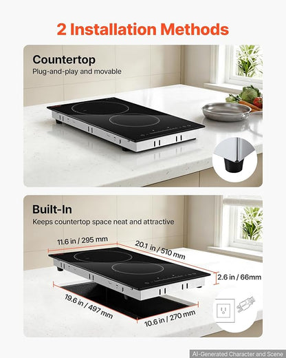 VEVOR Electric Cooktop 12inch 2 Burners Portable Stove Top 1800W 120V, Ceramic Countertop/Built-in Radiant Electric Stove, with 16 Power Levels, Timer, Child Lock, Over-Heat Guard, Touch Control