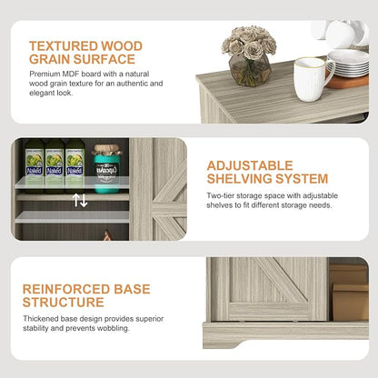 Panana Sliding Barn Door Buffet Sideboard Storage Cabinet Coffee Bar Kitchen Farmhouse Style (Oak)