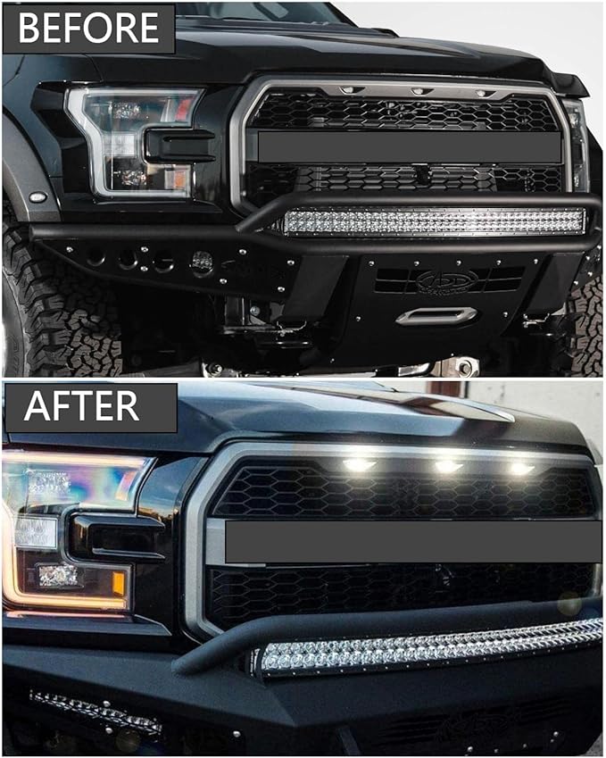 White LED Lights 3PCS Front Grille Raptor Lamps Car Accessories with Harness and Fuse, Compatible with 2004-2019 for-d F150 & 2013-2018 Ram 1500 Raptor Style Aftermarket Grille