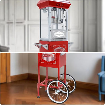 12 Oz Nostalgia Professional Popcorn Cart Makes Up to 64 Cups, Popper Maker with Warming Deck and Old Maids Drawer, Movie Night Supplies for Home & Parties, Red