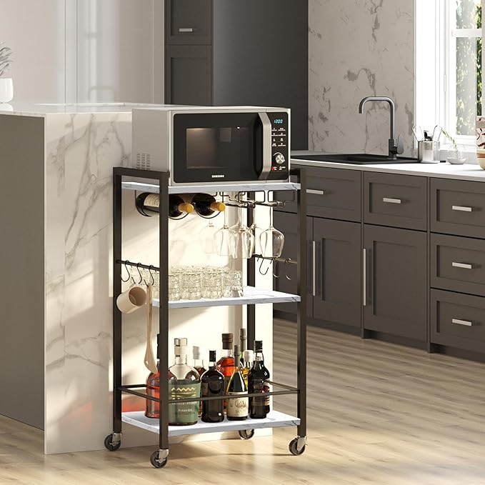 TUTOTAK Bar Cart with Wheels, Mini Drink Cart with Wine Rack & Glass Holder | 3-Tier 17 Inch Wide Home Bar Serving Carts, Small Mobile Kitchen Shelf with 6 Hooks, Marble White BC01BM035