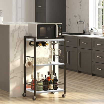 TUTOTAK Bar Cart with Wheels, Mini Drink Cart with Wine Rack & Glass Holder | 3-Tier 17 Inch Wide Home Bar Serving Carts, Small Mobile Kitchen Shelf with 6 Hooks, Marble White BC01BM035