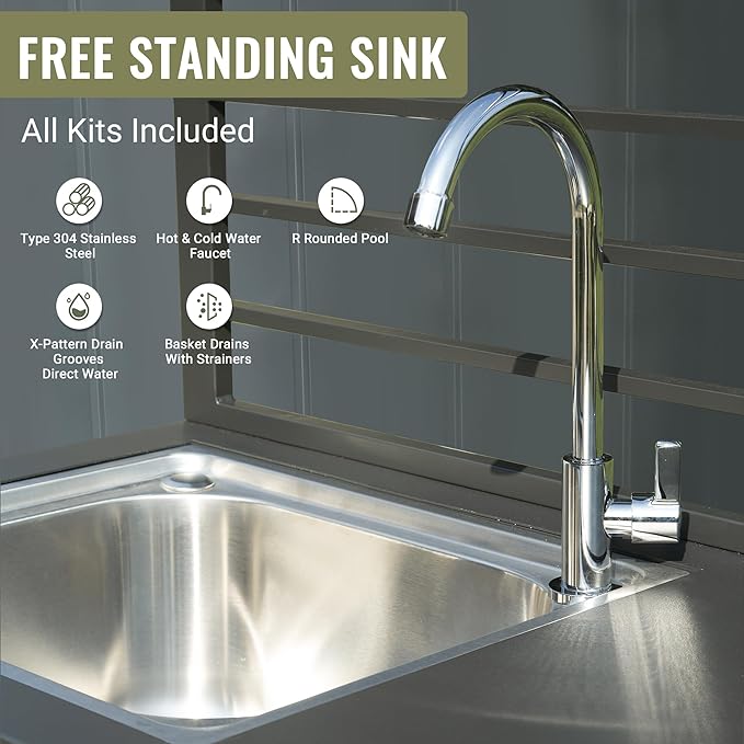 Domi Free Standing Aluminum Finish Kitchen Sink with Cold and Hot Water Pipe, Stainless Steel Sink Protective Cover, Dark Gray