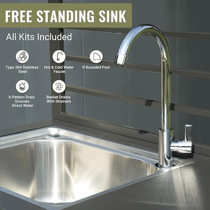 Domi Free Standing Aluminum Finish Kitchen Sink with Cold and Hot Water Pipe, Stainless Steel Sink Protective Cover, Dark Gray