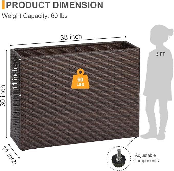 SUNNYPARK Large Rectangular Planter for Outdoor Rattan Block Box 38x11x30'' | All-Weather, Handmade PE Rattan, Removable Liner, Indoor Outdoor, Patio Porch Garden, Modern Design for Plants Flowers
