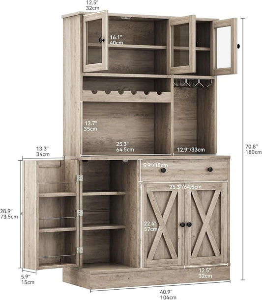 DWVO 71''H Pantry Cabinet with Drawer, Doors, Goblet Holder, Wine Rack for Storage, Pantry Cabinet with Power Outlet for Kitchen & Living Room (Grey Oak) | Tall Cabinet with Doors, Shelves & Drawer, Buffet Cabinet with Goblet Holder and Wine Rack for K...