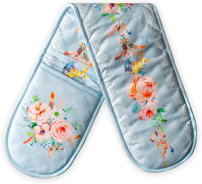 Maison d' Hermine Double Oven Mitts 100% Cotton 7"x35" Double Oven Mitt Heat Resistant BBQ Cooking Gloves with Loop Baking Grilling Kitchen Hotel Home Farmhouse Spring Summer (Ibiza - Blue)