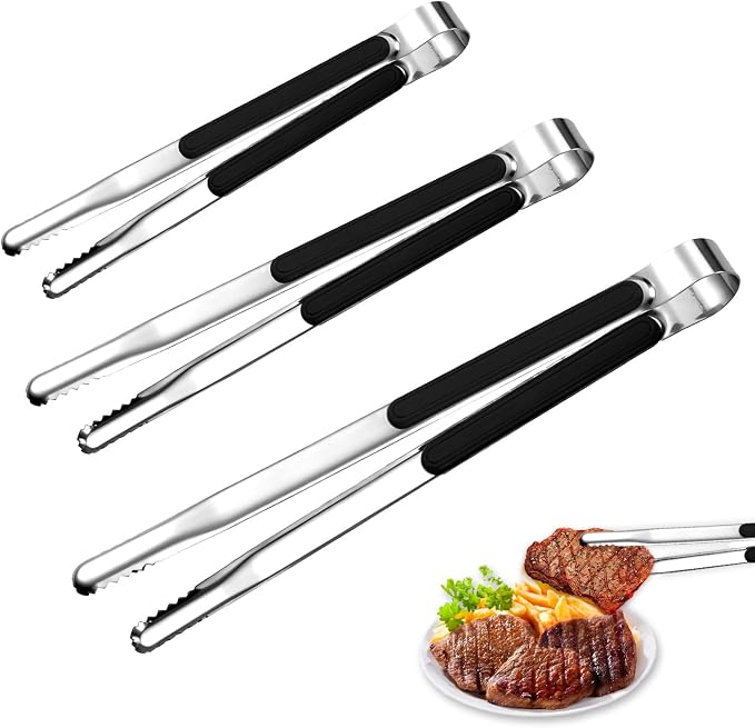 3Pcs Stainless Steel Kitchen Tongs,Metal Cooking Tongs, Heat Resistant Grill Serving Tongs, Heavy Duty Food Tongs with Non-Slip Grip for Salad, Korean Barbecue (9/10/12”)