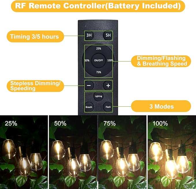 15M LED Outdoor String Lights Patio Dimmable Hanging Light with Remote, Waterproof Shatterproof Edison Bulbs, 3 Modes Outside Lighting Connectable for Graden Porch Backyard Balcony Deck