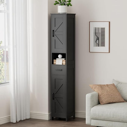 Homhedy 67" H Tall Bathroom Storage Cabinet with Barn Doors and Drawer | Narrow Storage Unit with Adjustable Shelves, Floor Cabinet for Bathroom, Living Room, Entryway or Kitchen, Black, 11.8" W
