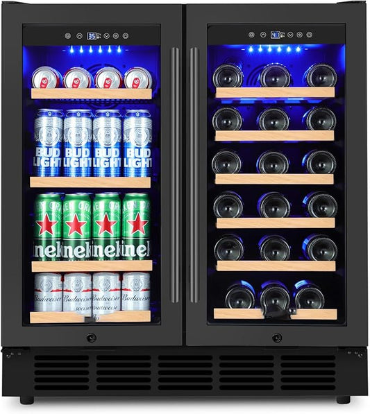 30 Inch Dual Zone Wine and Beverage Refrigerator Built-in | Under Counter Wine Fridge with Glass Door, Holds 30 Bottles and 110 Cans, Quiet Cooling for Wine, Beer, Soda, Kitchen, Home