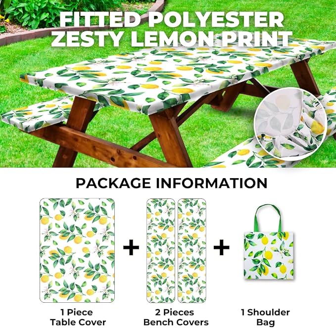 6ft Polyester Picnic Table Cover with Bench Covers Tablecloth Zesty Lemon | Polyester Picnic Table Cover Windproof & Waterproof, Perfect for Camping Gifts & RV Essentials, Cool Camping Gadgets with bag
