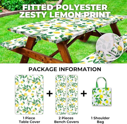 6ft Polyester Picnic Table Cover with Bench Covers Tablecloth Zesty Lemon | Polyester Picnic Table Cover Windproof & Waterproof, Perfect for Camping Gifts & RV Essentials, Cool Camping Gadgets with bag