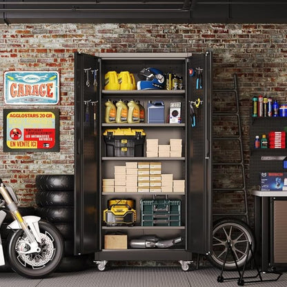 Aobabo Garage Storage Cabinet with Door Pegboard,Lockable Metal Storage Cabinet with 5 Adjustable Shelves for Garage Home,Required Assembly,Black