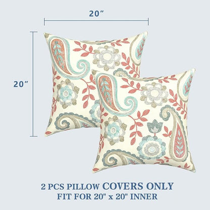LVTXIII Outdoor Pillow Covers 20x20 Inch, 2 Pack Large Square Throw Pillow Cases, Fade-Resistant Cushion Covers for Patio Furniture Sofa, Garden Porch, Paisley Vintage