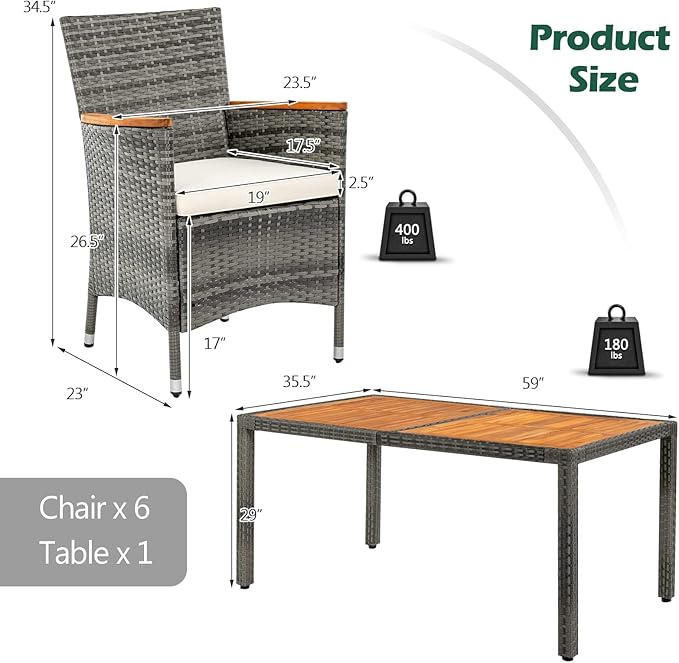 COSTWAY 7-Piece Patio Dining Set for 6, Outdoor Rattan Wicker Table and Chairs Furniture Set with Umbrella Hole, Acacia Wood Tabletop for Backyard, Balcony, Poolside, Grey & Beige